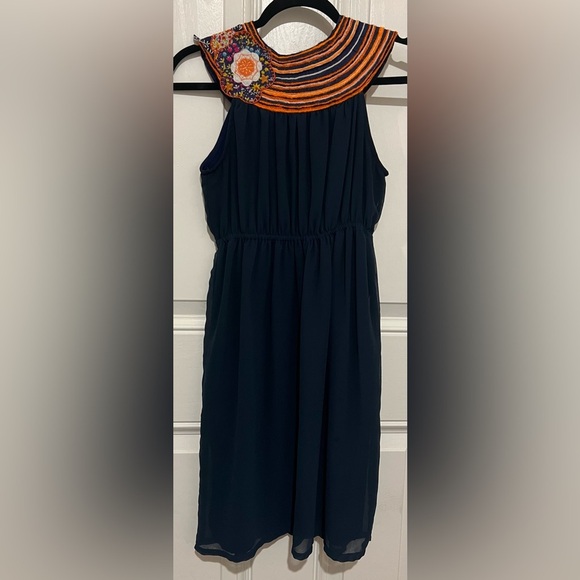 Judith March Anthropologie Navy Dress w/ Patchwork & Yarn Collar Sz Small - Picture 3 of 16
